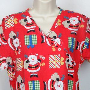 Red Christmas Scrub Top Size Small Santas Presents Faux Wrap 2 Pockets RMF Brand